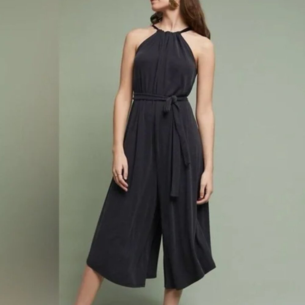 Anthropologie HD in Paris Wide Leg Halter Ribbed Jumpsuit Grey Black SM Petite